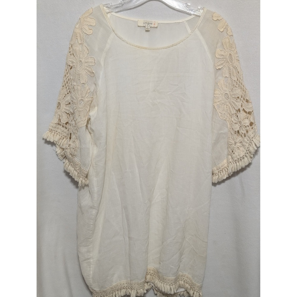 Umgee USA White Floral Crochet Lace Fringe Tunic Top Boho XL